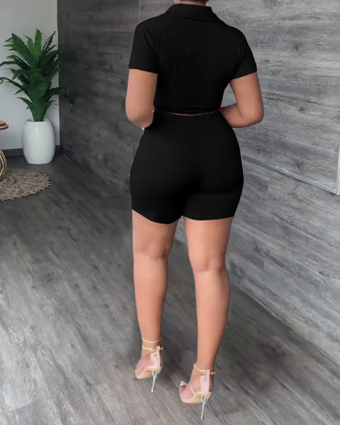 Women Button Up Solid Color Short Sleeve Two Piece Short Set