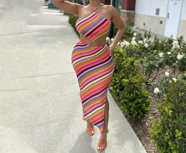Women Sexy Colorful Striped Halter Two Piece Maxi Skirt Set