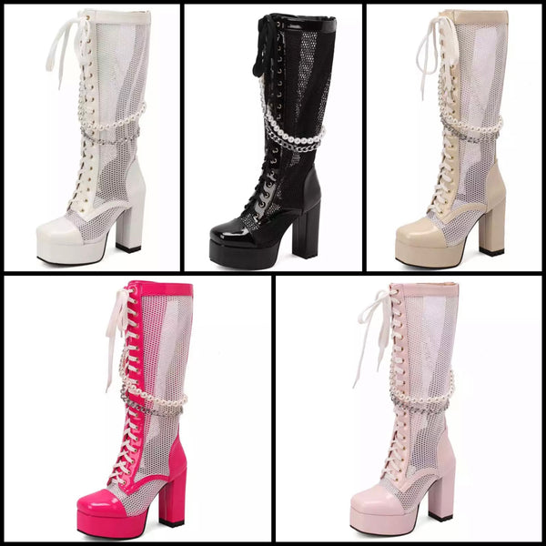 Women Fashion Mesh Patchwork Pearl Chain Knee High Boots