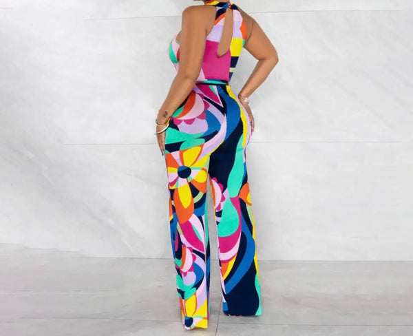 Women Sleeveless Colorful Print Belted Wide Leg Jumpsuit