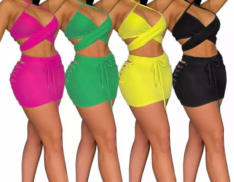Women Sleeveless Sexy Crop Two Piece Cut Out Skirt Set