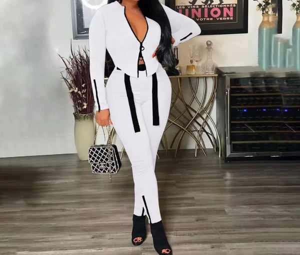 Women Zipper Fashion Full Sleeve Two Piece Pant Set