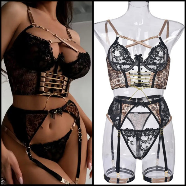 Women Sexy Lace Leopard Print Patchwork Lingerie Set