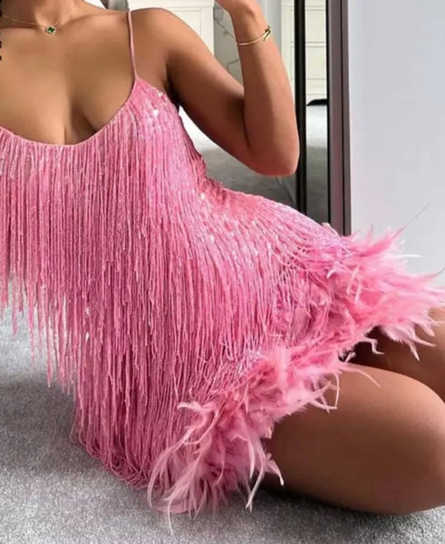 Women Sleeveless Sequins Tassel Sexy Feather Dress