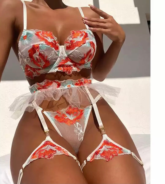 Women Sexy White Color Floral Ruffled Mesh Lingerie Set