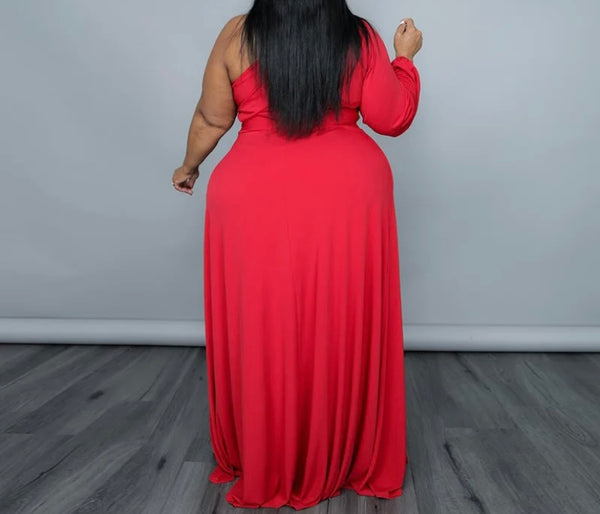 Women Sexy One Shoulder Asymmetrical Red Two Piece Pant Set