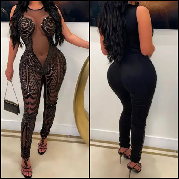 Women Black Sexy Sleeveless Mesh Sequins Jumpsuit