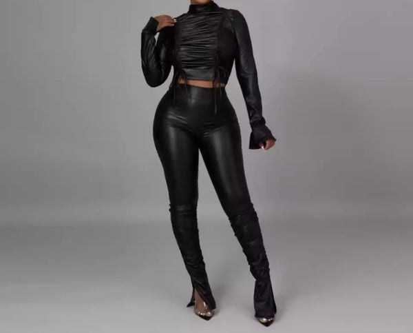 Women Fashion Sexy Faux Leather Two Piece Pant Set