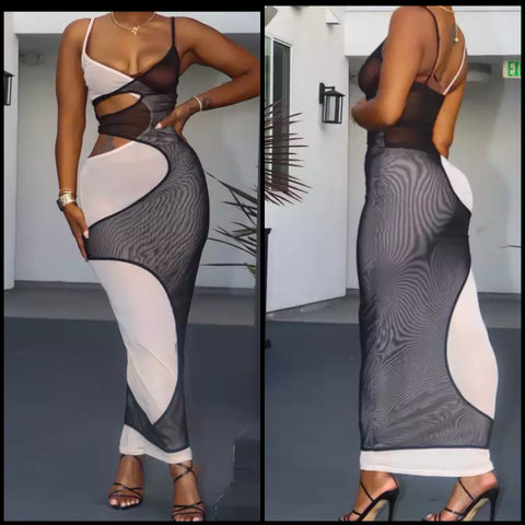 Women Color-Block Sexy Sleeveless Mesh Patchwork Maxi Dress