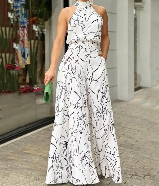 Women Printed Halter Wide Leg Jumpsuit