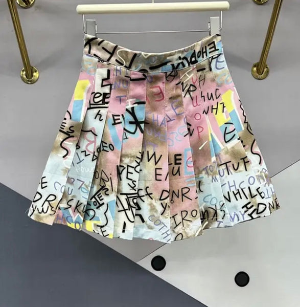 Women Letter Print Tie Dye Pleated Skirt