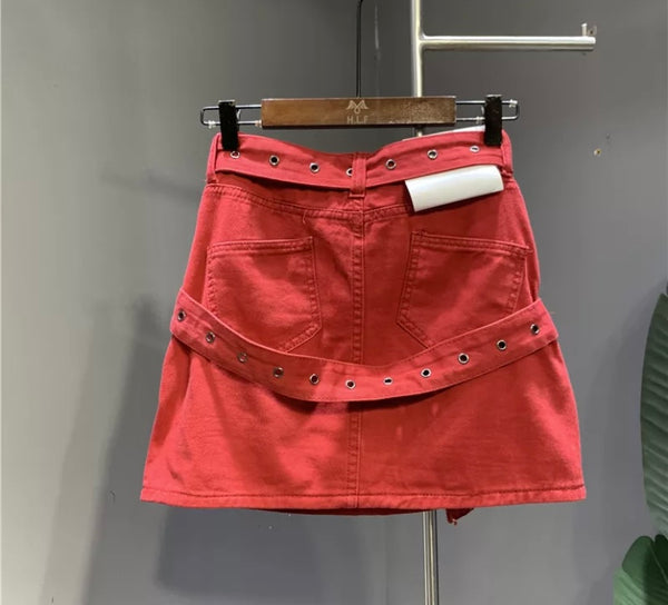 Women Buckled Strap Fashion Denim Skirt