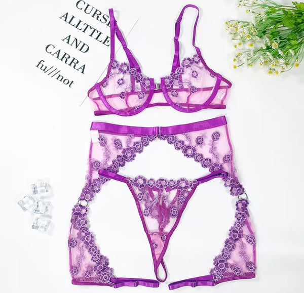 Women Lace Sexy Purple Lingerie Set