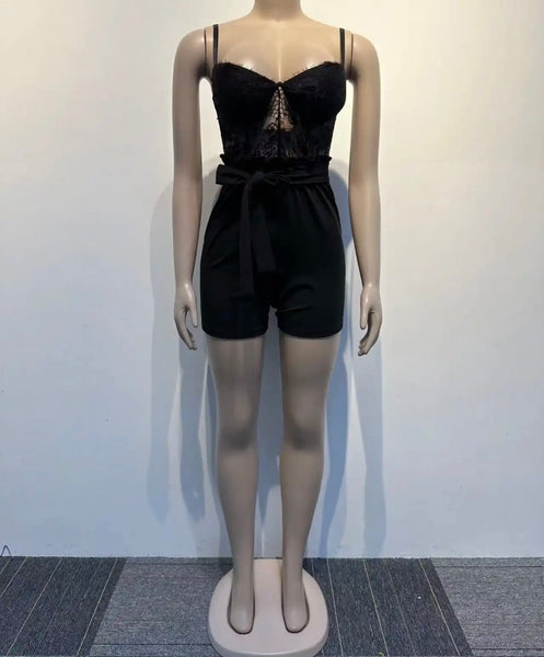 Women Lace Patchwork Tie Up Sexy Sleeveless Romper