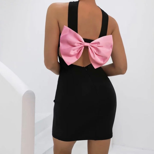 Women Black Sexy Back Pink Bow Dress