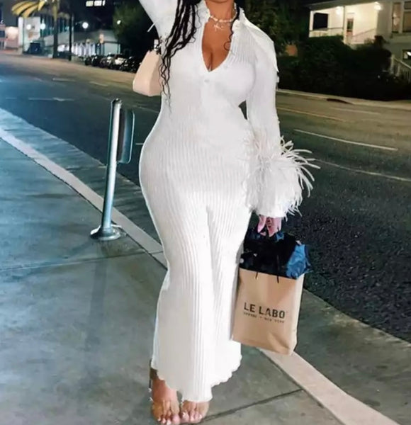 Women Full Sleeve Feather Sexy Ribbed Maxi Dress