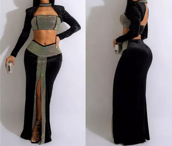 Women Sexy Two Piece Bling Velour Choker Full Sleeve Crop Maxi Skirt Set