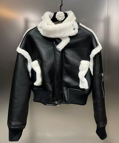 Women Fashion PU Warm Faux Fur Patchwork Jacket