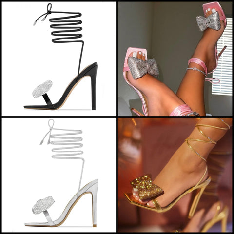 Women Bling Bow High Heel Lace Up Sandals