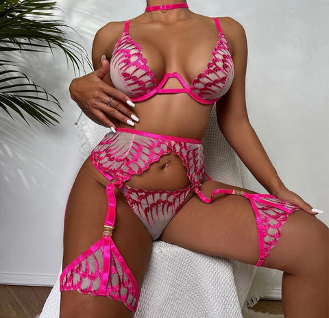 Women Sexy Pink Printed Mesh Lingerie Set