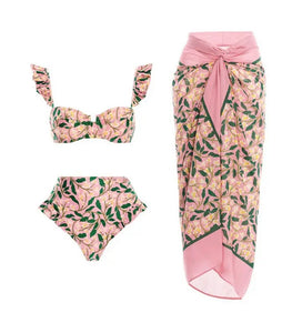 Women Sexy Pink Floral Swimsuit/Bikini Cover Up Set