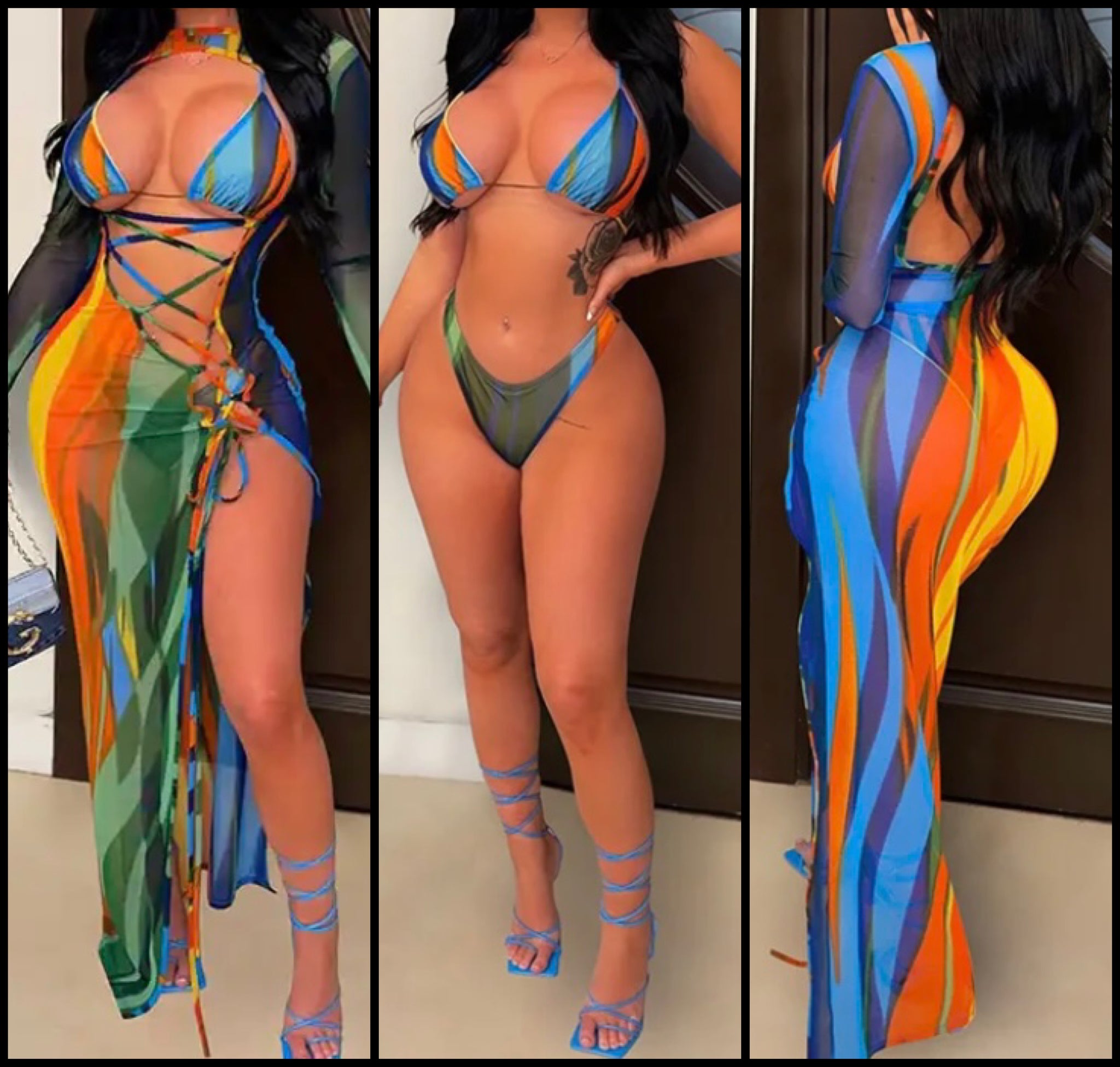 Women Sexy Multicolored Lace Up Bikini Cover Up Set