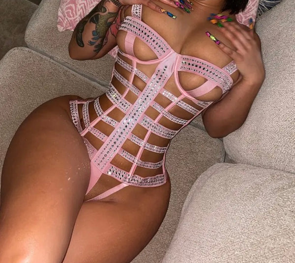 Women Pink Sexy Bling Hollow Out Bodysuit Lingerie