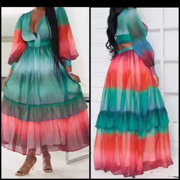 Women Gradient Sexy Full Sleeve Ruffled Maxi Dress