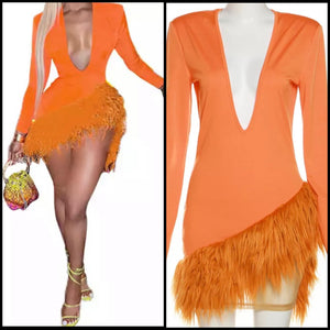 Women Sexy Orange Feather Full Sleeve Deep V-Neck Dress