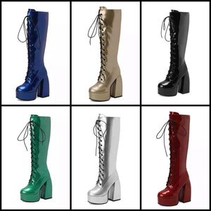 Women Platform Lace Up Knee-High Fashion Boots