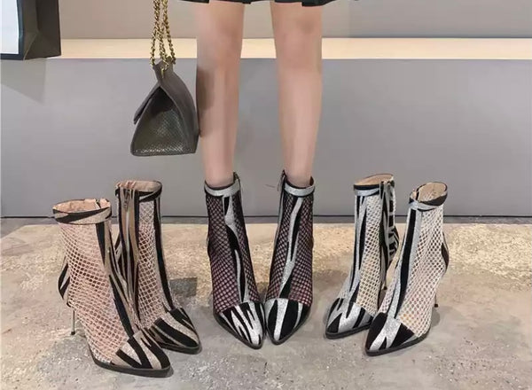 Women Printed Mesh Fashion High Heel Ankle Boots