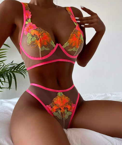 Women Sexy Mesh Neon Floral Lingerie Set