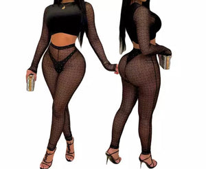 Women Sexy Black Velour Mesh Two Piece Pant Set