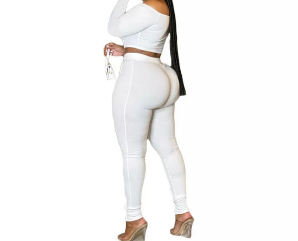 Women Sexy Off The Shoulder Full Sleeve Crop Two Piece Cut Out Pant Set