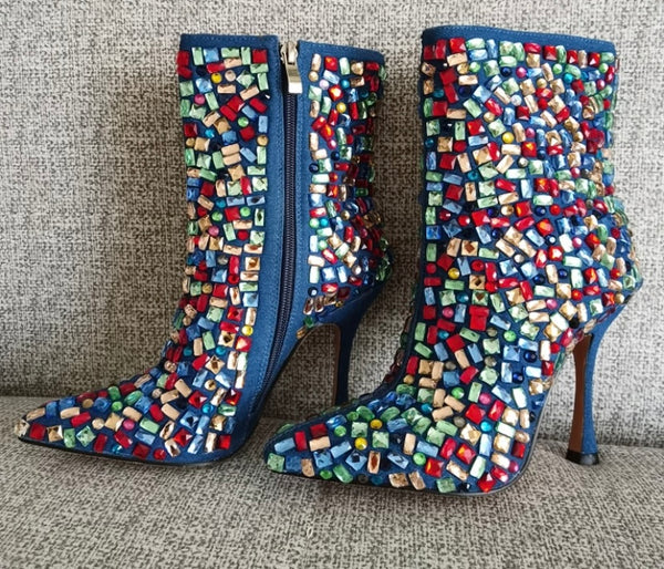 Women Colorful Crystal High Heel Fashion Ankle Boots