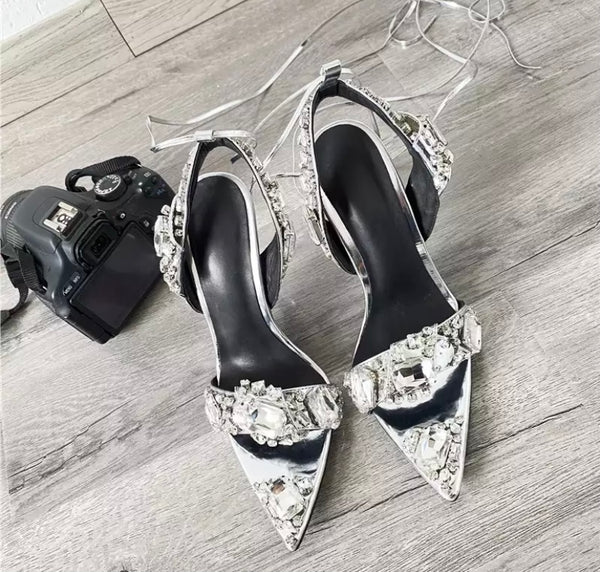 Women Pointed Toe Crystal High Heel Lace Up Sandals