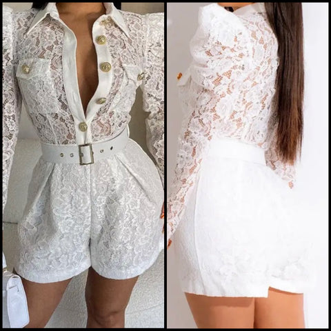 Women Sexy Gold Button Belted White Lace Full Sleeve Romper