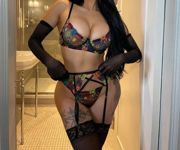 Women Sexy Black Colorful Floral Mesh Lingerie Set