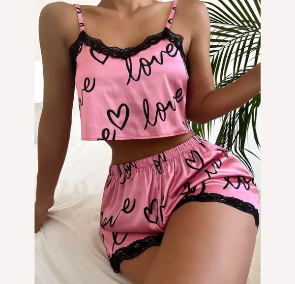 Women Love Print Sleeveless Short Lingerie Set