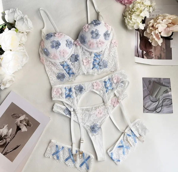 Women Pearl Floral Mesh Sexy Lingerie Set