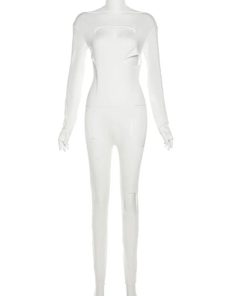 Women Fashion Full Sleeve Hollow Out Solid Color Jumpsuit