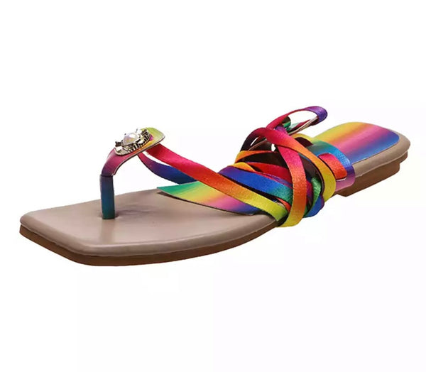 Women Fashion Flat Rainbow Lace Up Sandals