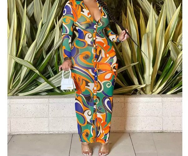 Women Multicolored Print Button Up Full Sleeve Maxi Dress