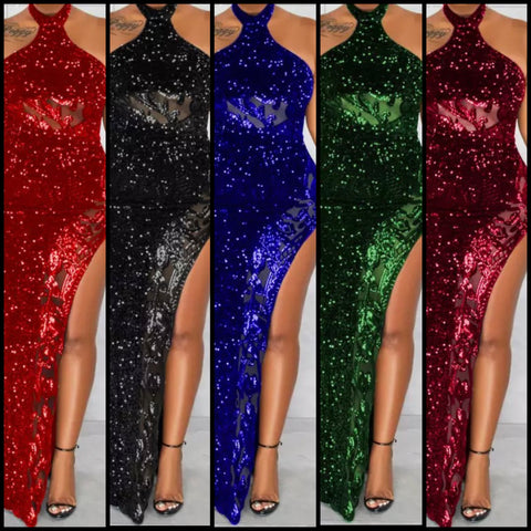 Women Sleeveless Sexy Sequins High Side Split Maxi Dress