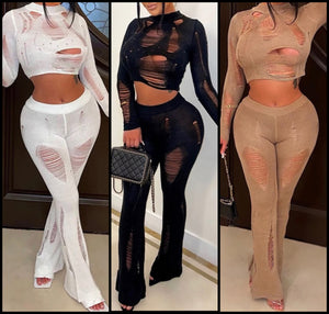 Women Sexy Ripped Full Sleeve Crop Two Piece Pant Set