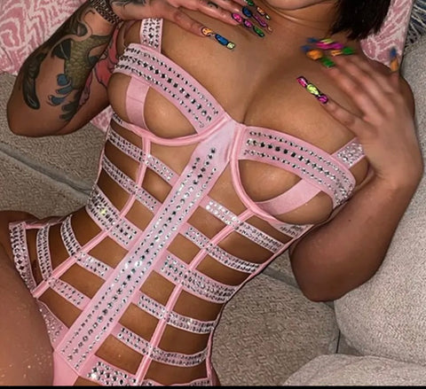 Women Pink Sexy Bling Hollow Out Bodysuit Lingerie