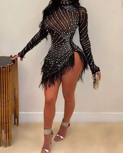 Women Sexy Beaded Mesh Feather Full Sleeve Dress
