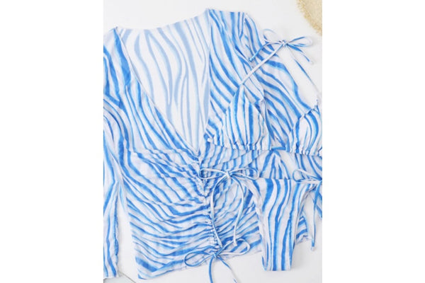 Women Sexy Striped Three Piece Bikini Cover Up Set