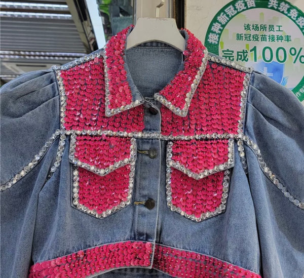 Women Fashion Sequins Patchwork Denim Crop Jacket