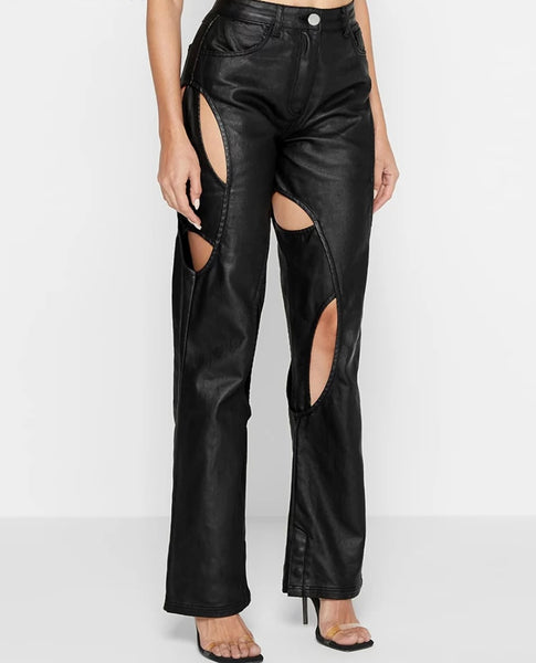 Women Sexy Fashion Faux Leather Cut Out Pants